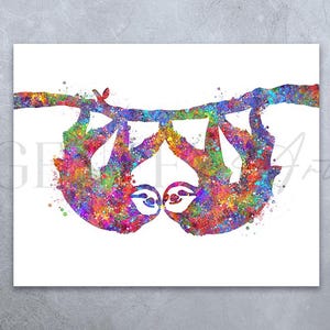 Sloth Couple Watercolour Print - Sloth Couple Prints - Sloth Poster - Sloth Portrait - Sloth Artwork - Housewarming Gift Birthday Gift Ideas