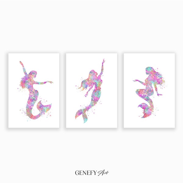 Mermaid Watercolour Art Print Set of 3 - Mermaid Pastel Watercolour Poster - Mermaid Art - Mermaid Gift Ideas - Mermaid Decor - Gift for Her