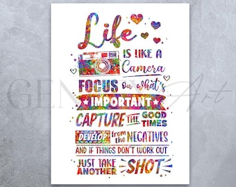La vita è come una macchina fotografica: poster con citazione motivazionale colorata