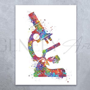 Può includere: Un dipinto ad acquerello colorato di un microscopio. Il microscopio è dipinto in tonalità di rosa, blu, verde, giallo e arancione. Lo sfondo è bianco.