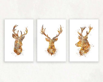 Antler Watercolor Print  - Set of 3 Prints - Deer Antler Prints - Stag Poster - Deer Antler Portrait - Deer Portrait - Stag Portrait