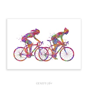 Couple Road Cyclist Watercolor Art Print: Cycling Gift