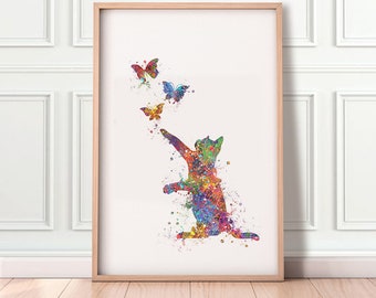 Cat and Butterflies Watercolor Art Print  - Cat Portrait - Cat Prints - Cat Poster - House Warming Gift - Gift for Her