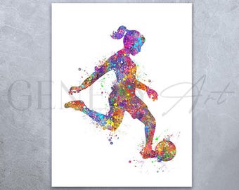 Impresión artística de acuarela de una chica futbolista: póster colorido de fútbol femenino