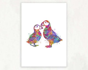 Puffins Couple Watercolor Art Print  - Puffins Prints - Puffins Wall Art - Puffins Wall Decor - Puffins Portrait Puffins Lover Puffin Bird