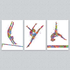 Vibrant Colours Gymnastics Wall Art – Set of 3 Watercolour Prints | Artistic Gymnast Silhouettes for Girls’ Room or Studio Decor