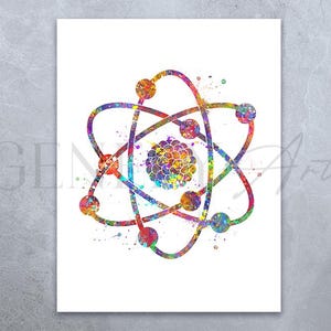 May include: A watercolor painting of an atom with a colorful nucleus and orbiting electrons. The atom is surrounded by splatters of paint, giving it a whimsical and artistic feel.