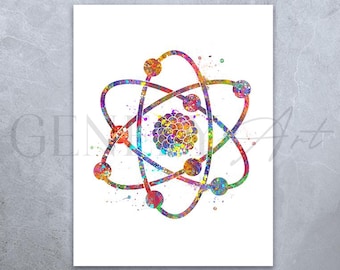 Atom Watercolor Print: Abstract Science Poster