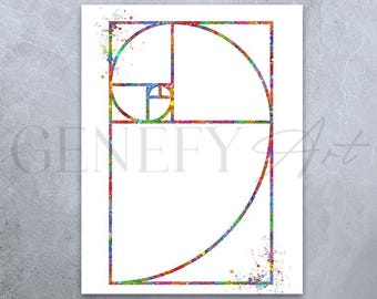 Impresión artística de acuarela de la espiral de Fibonacci: proporción áurea, decoración matemática