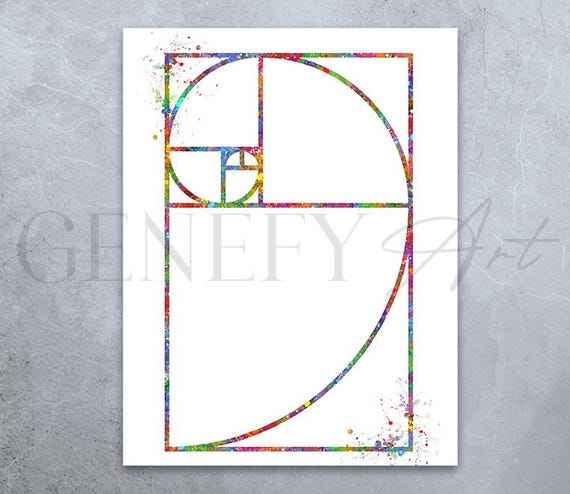 フィボナッチ螺旋水彩画アートプリント：黄金比、数学の装飾