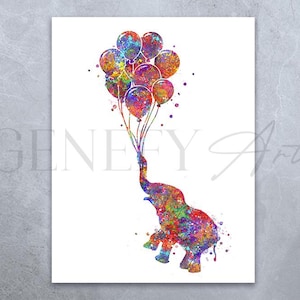 Baby Elephant and Balloons Watercolour Art Print - Elephant Nursery Prints - Nursery Wall Decor - Nursery Wall Art