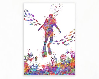 Scuba Diving Watercolour Print - Female Scuba Diver Poster - Underwater Sport Watercolour Art - Diver Wall Decor - Scuba Wall Decor