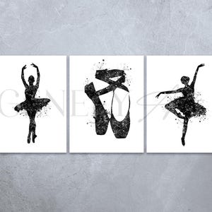 Ballerina Watercolor Art Print - Set of 3 Prints - Black and White Ballerina Portrait - Wall Decor for Girls Room - Dancing Room Decor