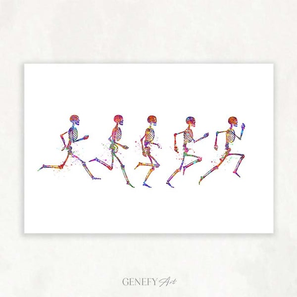 Running Phases Watercolor Art Print - Skeleton Running Print - Human Skeleton Anatomy Art - Running Stages Skeletal Bones Poster AS82