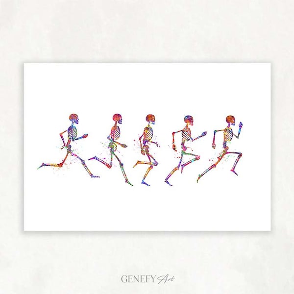 Running Phases Aquarel Art Print - Skeleton Running Print - Human Skeleton Anatomy Art - Running Stages Skeletal Bones Poster AS82