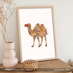May include: A watercolor painting of a camel in shades of brown and orange. The camel is standing on a white background.