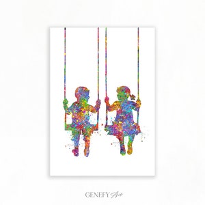 Best Friends Boy and Girl Watercolor Art Print  - Gift for Kids - Little Boy Art - Little Girl Art - Children Bedroom Decor