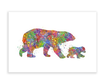 Mother Polar Bear and Cub Watercolor Art Print  - Artic Animal -Animal Watercolor Painting - Bear Watercolor Art Painting - Nursery Wall Art