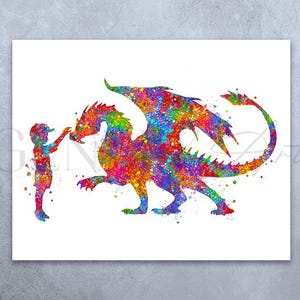 Dragon and Boy Watercolor Art Print: Colorful Nursery Decor