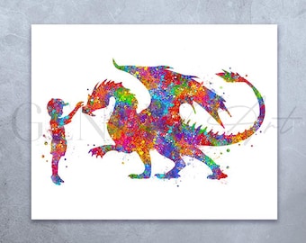 Dragon and Boy Watercolor Art Print: Colorful Nursery Decor