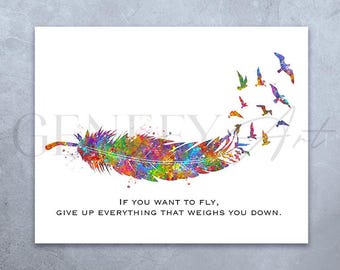 Feather Birds Watercolor Art Print: Inspirational Quote
