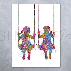 Best Friends Watercolour Art Print  - Girl Friends Watercolour Poster - Girls Best Friends - Gift for Best Girl Friend - Children Room Decor