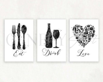Impresiones de cocina en acuarela negra: Arte mural de comida y bebida - Juego de 3