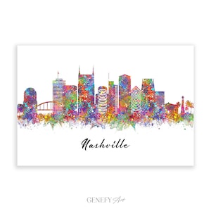 Nashville Skyline Watercolor Art Poster Print - Nashville Tennessee Wall Decor - Nashville Skyline Print - Nashville Cityscape Decoration