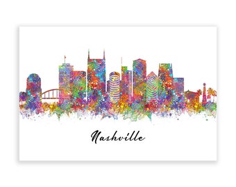 Nashville Skyline Watercolor Art Poster Print - Nashville Tennessee Wall Decor - Nashville Skyline Print - Nashville Cityscape Decoration