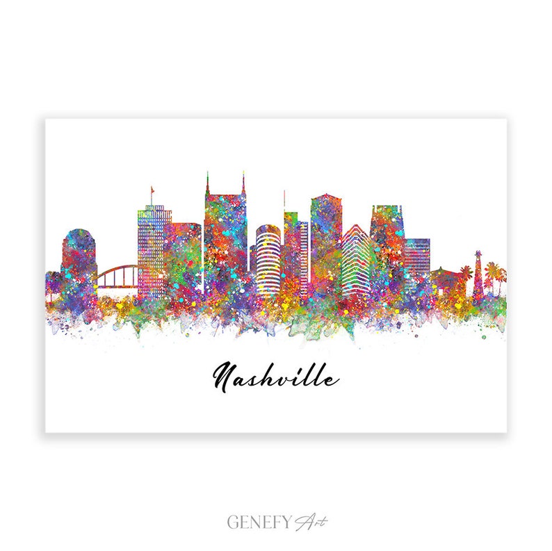 May include: A colorful watercolor painting of the Nashville skyline. The buildings are outlined in black and filled with splashes of color, including red, orange, yellow, green, blue, purple, and pink. The city name "Nashville" is written in black cursive below the skyline.