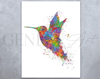 Impresión artística de acuarela de colibrí: retrato colorido de pájaro