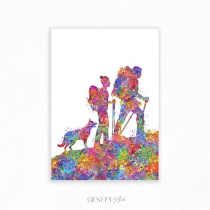 Wanderpaar mit Schäferhund Aquarell Kunst - Wander Wandkunst - Hochzeitsgeschenk - Valentinstag Geschenk - Wander Sport Deko