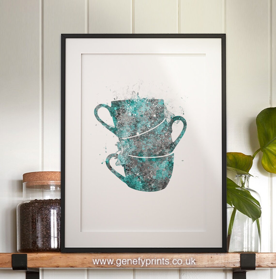 Coffee Cups Watercolor Art Print Teal Kitchen Wall Art Etsy