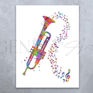 Trumpet Watercolor Art Print: Music Studio Wall Decor