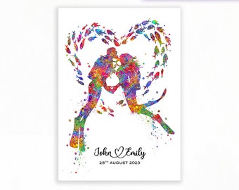 Personalised Scuba Diving Couple Watercolor Print - Scuba Diving Poster - Wedding Gift - Valentine's Gift - Scuba Wall Decor
