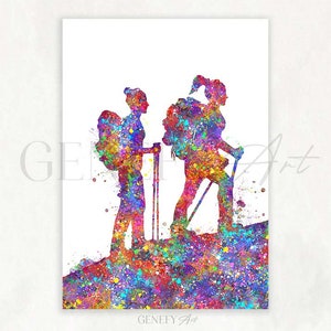 Impresión de acuarela de excursionistas femeninas - Póster de excursionistas femeninas - Regalo de boda - Regalo de San Valentín - Decoración deportiva de senderismo