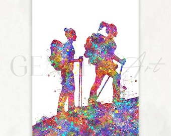 Female Hikers Watercolor Art Print: Hiking Sports Decor