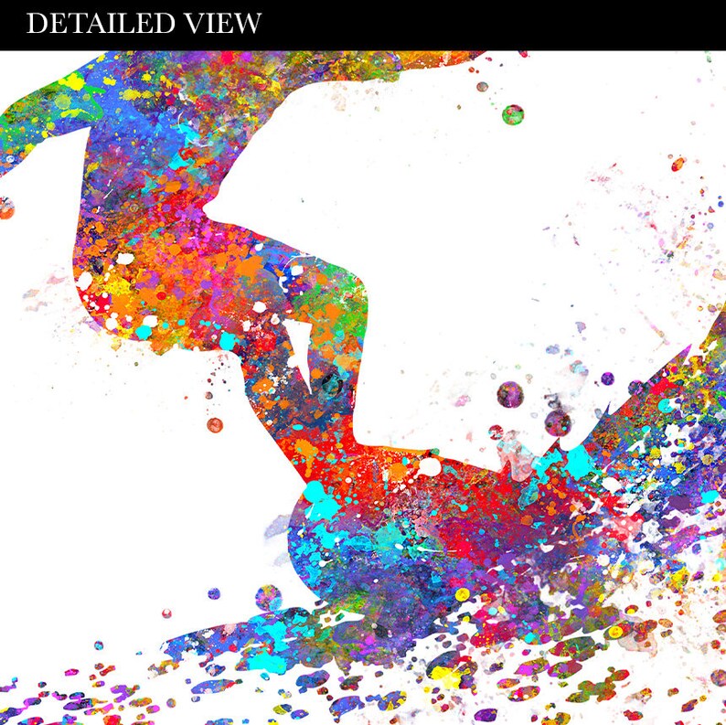 May include: A colourful watercolour painting of a person surfing on a wave. The painting is done in a splatter style, with bright colours like red, orange, yellow, green, blue, purple, and pink.