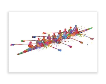 Stampa artistica ad acquerello della squadra di canottaggio, decorazione per la squadra di canottaggio, 8 uomini, regalo per l'allenatore, poster con 4 remi per lato, arte murale per sport acquatici