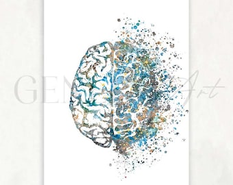 Right Brain Left Brain Watercolour Art Print  - Neurology Medical Art - Brain Medical Poster Anatomy Art  Abstract Brain Wall Art Decor AS64