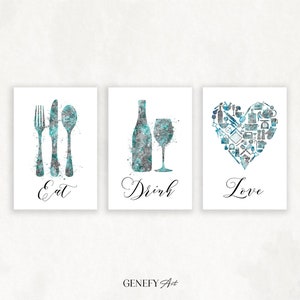 Kitchen Dining Watercolor Print - Set of 3 Teal Kitchen Prints - Food Drink Print - Dining Room Print - Kitchen Wall Art - Housewarming Gift