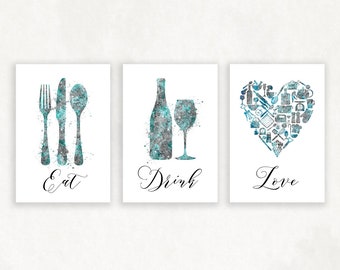 Kitchen Dining Watercolor Print - Set of 3 Teal Kitchen Prints - Food Drink Print - Dining Room Print - Kitchen Wall Art - Housewarming Gift