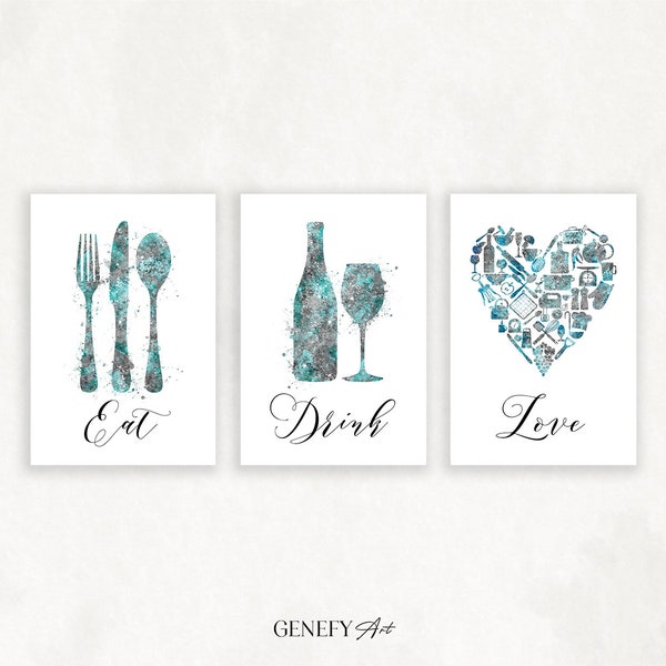 Kitchen Dining Watercolor Print - Set of 3 Teal Kitchen Prints - Food Drink Print - Dining Room Print - Kitchen Wall Art - Housewarming Gift