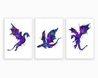 Dragon Watercolour Print - Set of 3 Dragon Prints - Dragon Nursery Wall Art - Dragon Nursery Decor - Dragon Poster - Dragon Wall Art