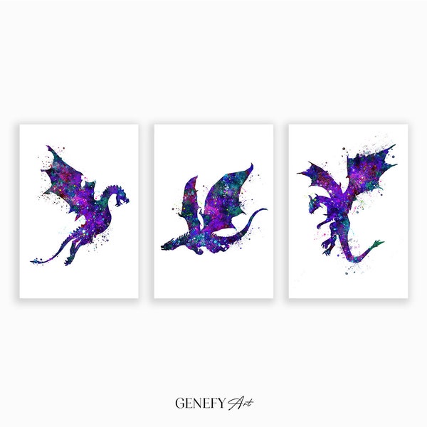 Dragon Watercolour Print - Set of 3 Dragon Prints - Dragon Nursery Wall Art - Dragon Nursery Decor - Dragon Poster - Dragon Wall Art