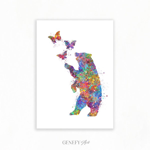 Bear Chasing Butterflies Watercolor Art Print  - Bear Portrait - Bear Prints - Nursery Prints - Housewarming Gift - Gift for Her