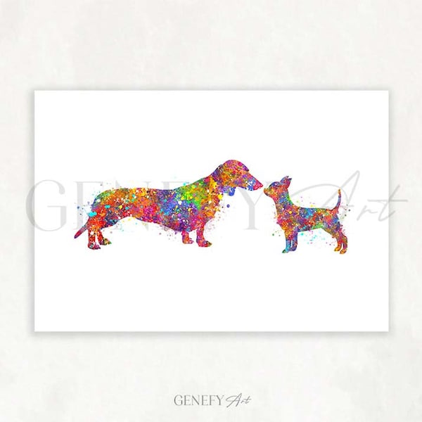 Dachshund and Chihuahua Watercolour Art Print  - Dachshund and Chihuahua Portrait Print - Valentines Day Gift - Dog Lover Gift