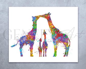 Giraffe Family Watercolor Art Print: New Family Gift