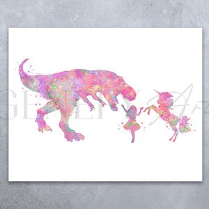 Impresión de acuarela de niña, T-Rex y unicornio - Impresiones de niña y dinosaurio - Arte de pared para guardería - Póster de dinosaurio - Decoración de pared para guardería -