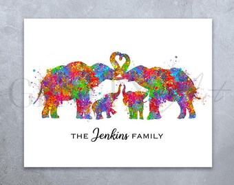 Personalized Elephant Family Watercolor Print: Custom Family Poster